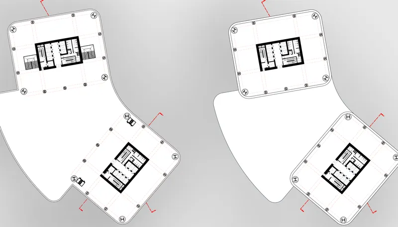 Upper floor plan variations: four compact office plates showing how the bowtie footprint contracts at each breakout level, with the core remaining constant