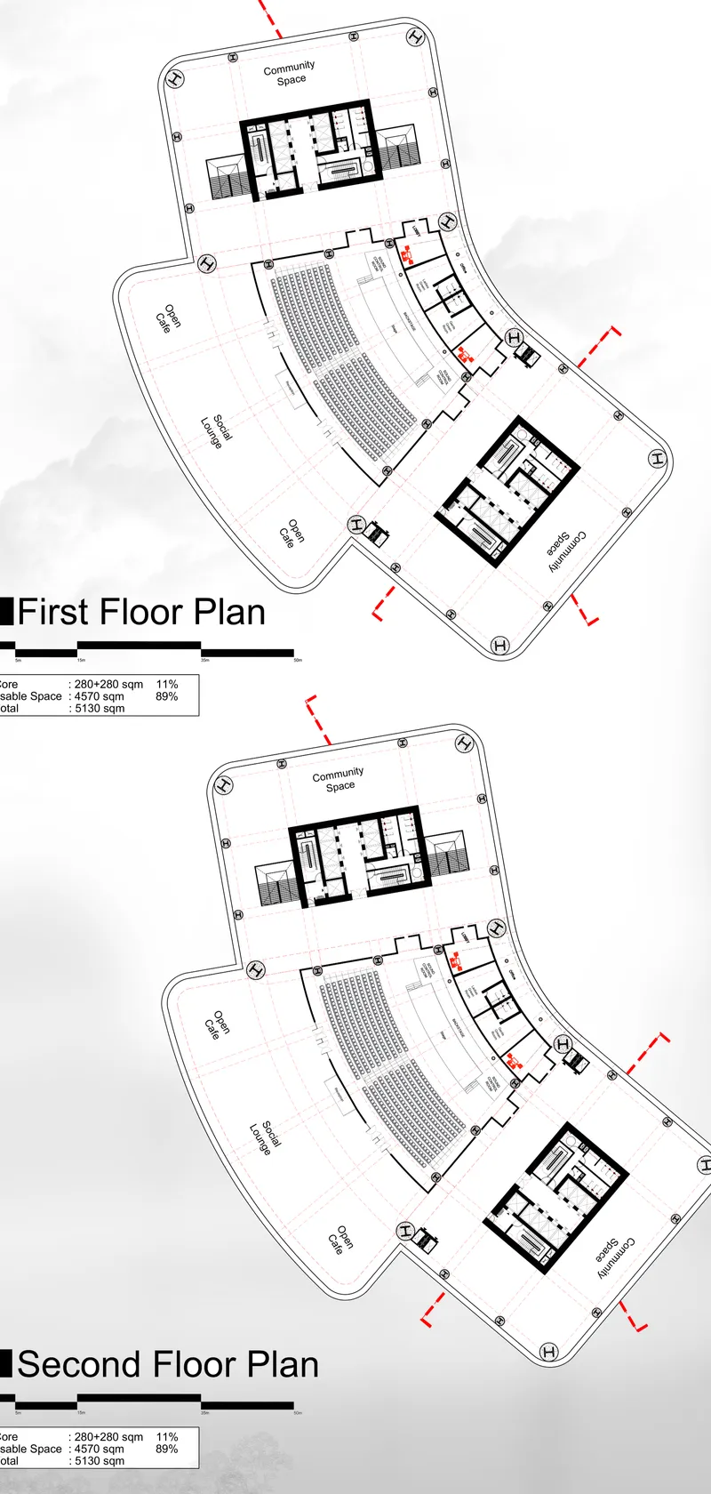 First and second floor plans: a bowtie-shaped footprint with auditorium seating, community spaces, a central service core, and landscaped edges along the lakefront