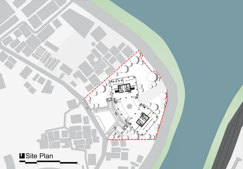 Site plan: the triangular waterfront plot on Hatir Jheel in Dhaka, with the building footprint, surrounding tree canopy, and road access marked in red dashed lines