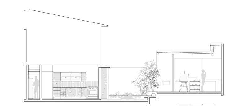 Plumbing plan: red overlay showing new services for kitchen, bathroom, laundry, and atelier wet areas
