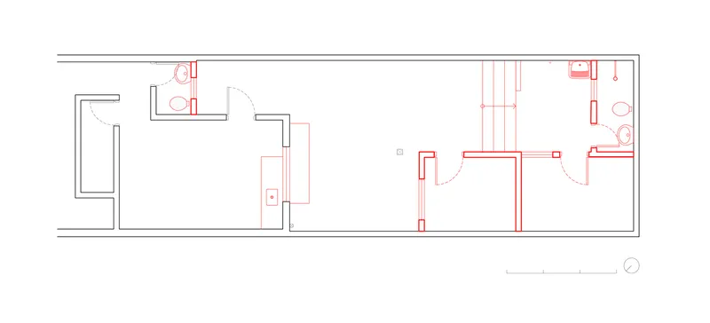 Longitudinal section: existing house at left, courtyard garden in centre, elevated atelier at right with translucent roof