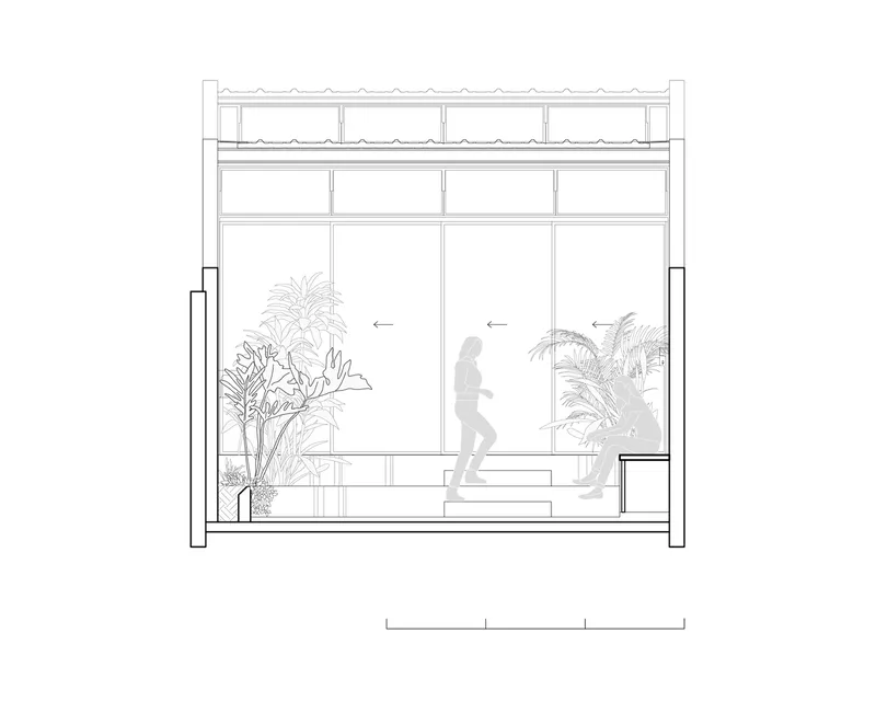 Roof drainage plan: blue overlay showing rainwater collection from atelier and courtyard