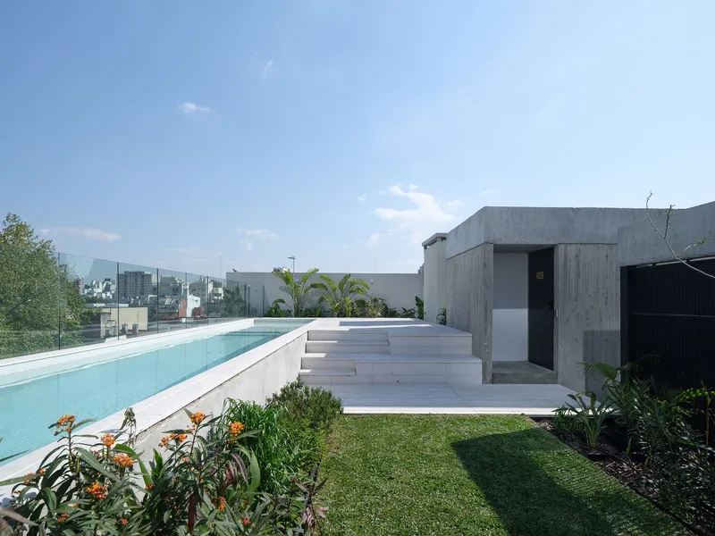 Rooftop terrace showing concrete service volume, timber stepped seating, lap pool, and planted beds under open sky