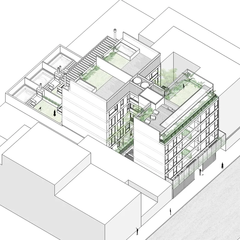Axonometric drawing showing a multistory building with planted rooftop terraces and courtyard voids throughout