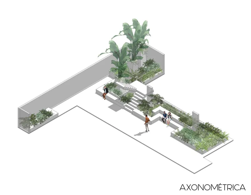 Axonometric drawing depicting terraced courtyard with planted beds, stepped levels, and figures moving through the space