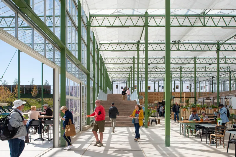 Timber staircase rising through a glass-roofed atrium with green structural beams and seated visitors below
