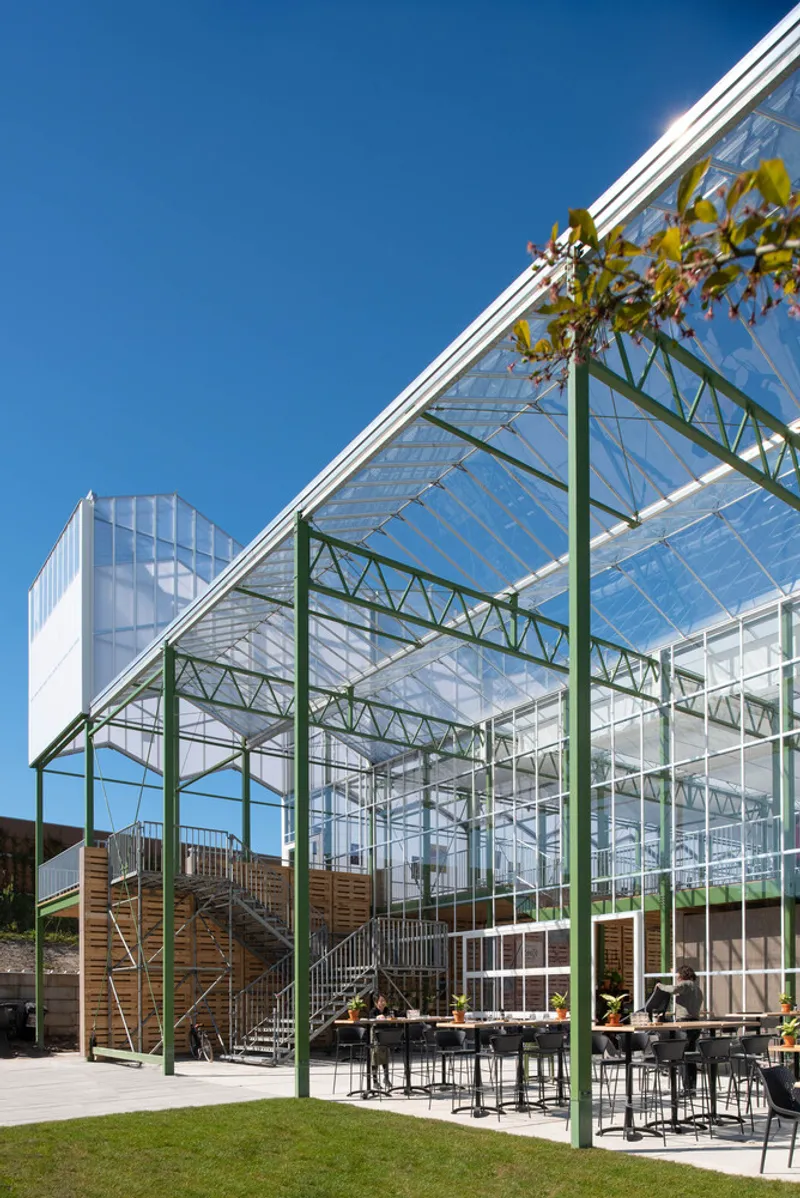 Exterior view of the glass greenhouse facade with green steel truss and planted rooftop edge against blue sky