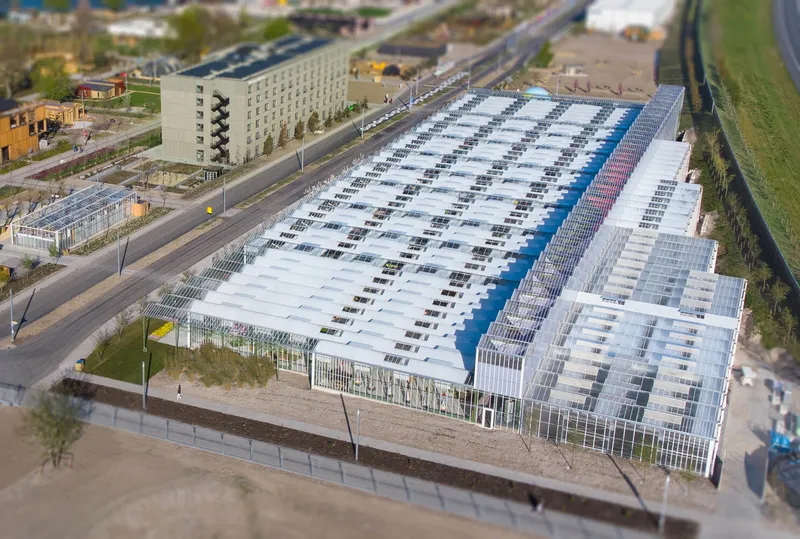 Aerial view of the greenhouse complex with a patterned photovoltaic roof and adjacent roadway