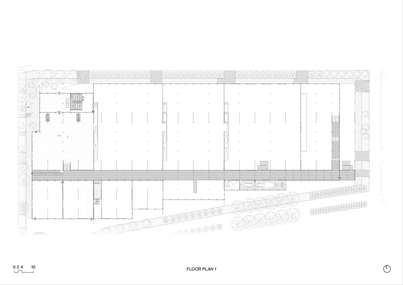 Floor plan drawing showing three rectangular greenhouse bays with tree plantings along the perimeter