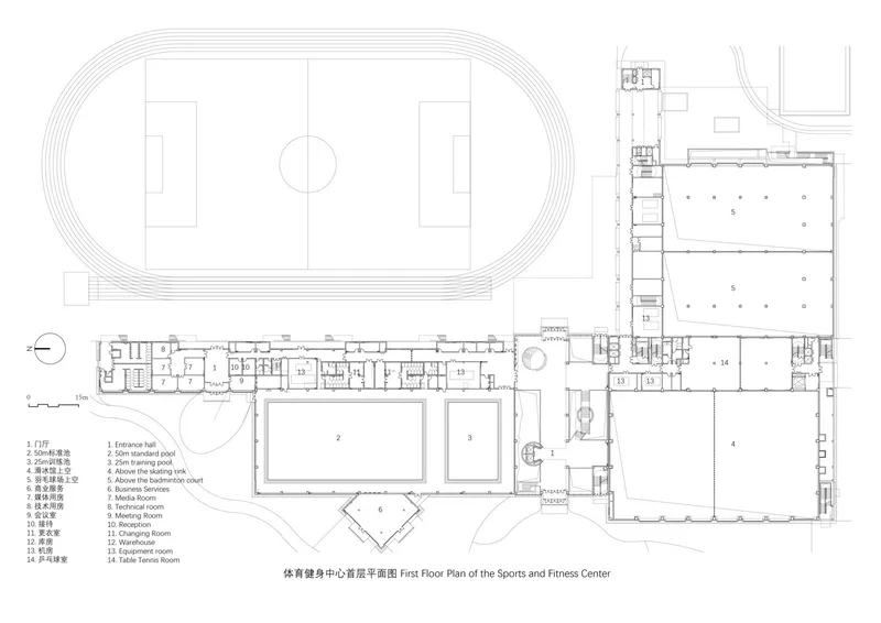 First floor plan: cultural activity centre with grand theater, library, rehearsal rooms, lobby