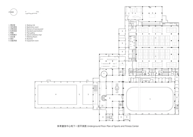Second floor plan: sports centre with basketball court, badminton, swimming pool above, sports stands