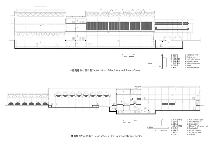 Section through cultural centre: grand theater with fly tower, side stages, reading areas, lounge, garage