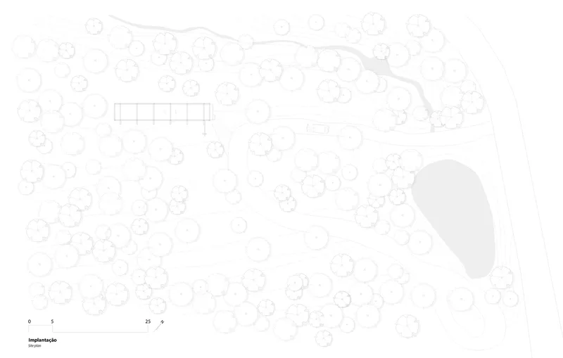 Site plan: small rectangular pavilion footprint among dozens of trees, stepping-stone path from the road, pond at the bottom right, forest preserved