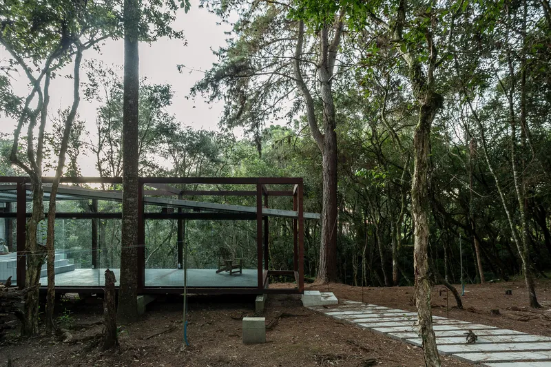Approach: glass pavilion from the stepping-stone path, corten steel frame, corrugated metal roof, dense forest canopy above, overcast light