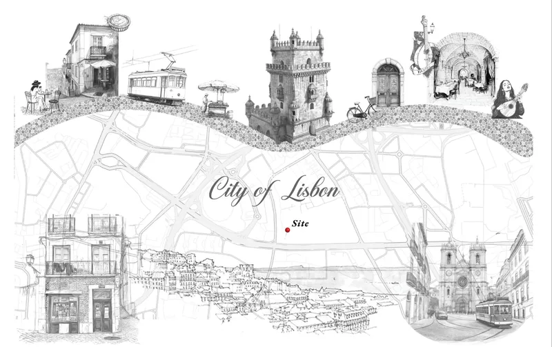 Site context collage: hand-drawn pen-and-ink vignettes of Lisbon landmarks including the Belém Tower, trams, Azulejo shopfronts, and street cafes arranged around a street map of the city centre, with the project site marked by the river