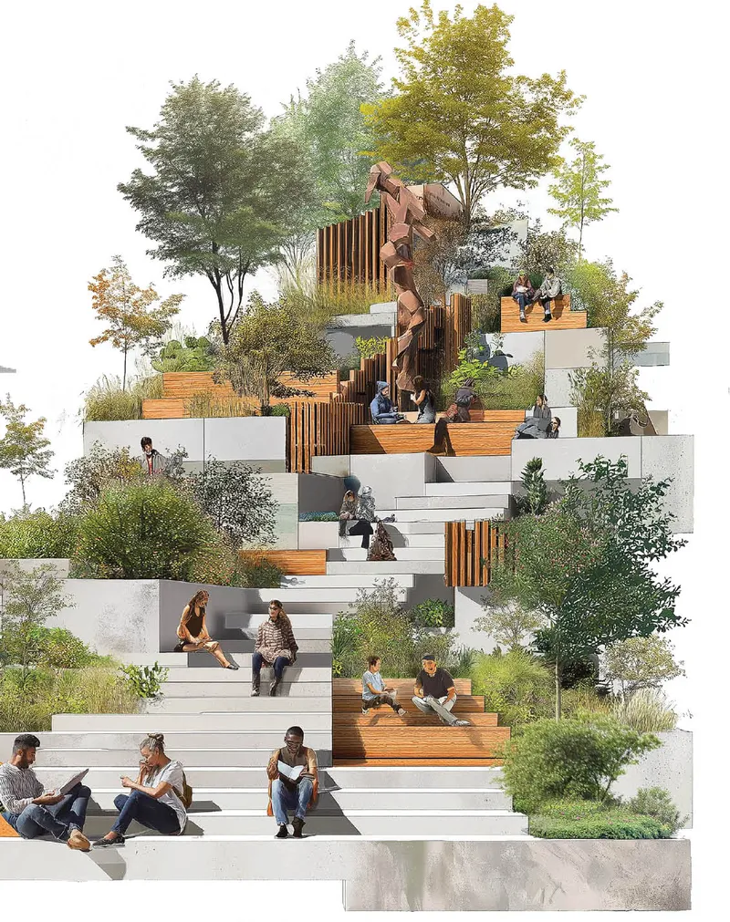 Stepped landscape render: a multi-level platform of concrete terraces planted with trees and grasses, shaded by timber pergolas, with residents and visitors reading, talking, and eating on every level