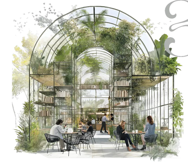 Principle 1, Art is accessible to all: a vaulted iron-and-glass pavilion filled with climbing plants, bookshelves, and cafe tables, with diners seated among greenery beneath an arched botanical roof
