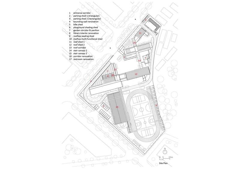 Site plan drawing showing the irregular perimeter with parking zones and central sports field