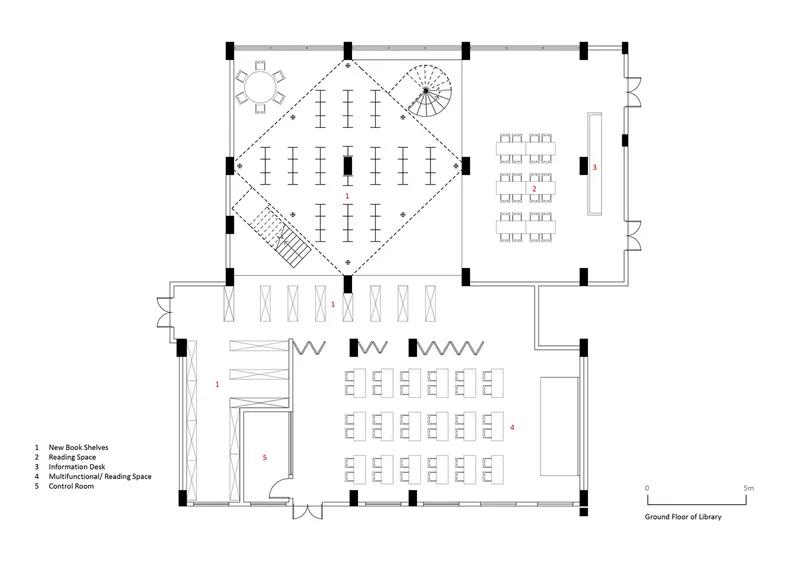 Floor plan of the library level showing diamond-shaped reading area with spiral stair and adjacent seating rows
