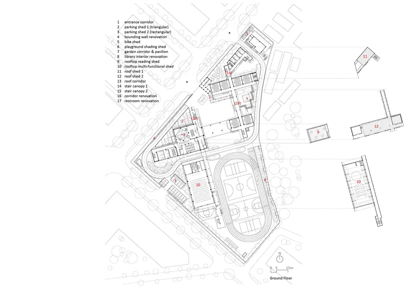 Ground floor plan drawing depicting the angular building footprint and circulation around the sports field