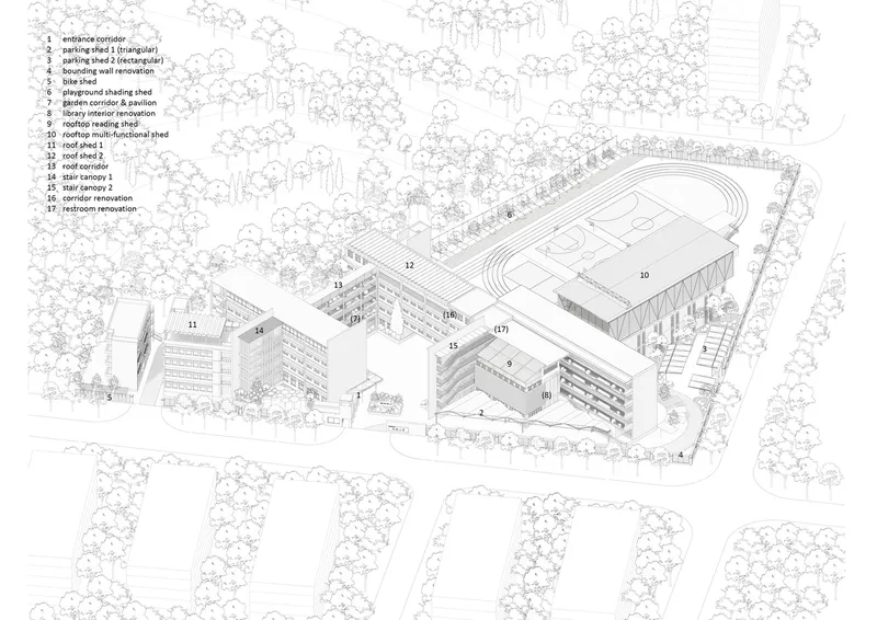 Axonometric site plan drawing showing interconnected buildings with curved roof and surrounding tree canopy