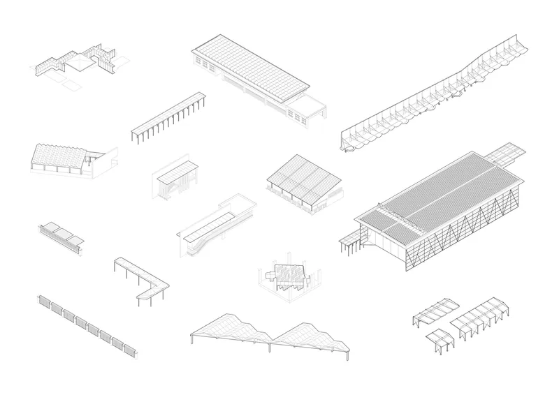 Exploded axonometric drawing showing individual roof and structural components separated in space