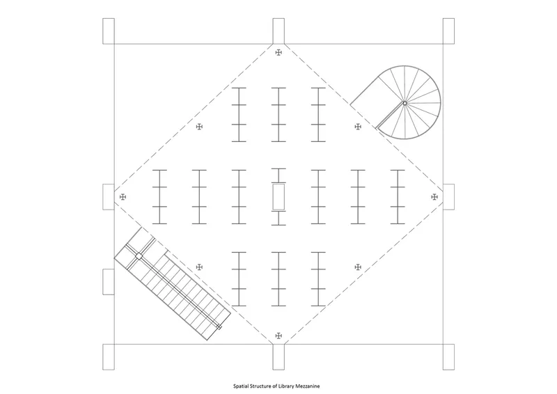Floor plan drawing showing a diamond-shaped volume with seating rows, staircase and circular space