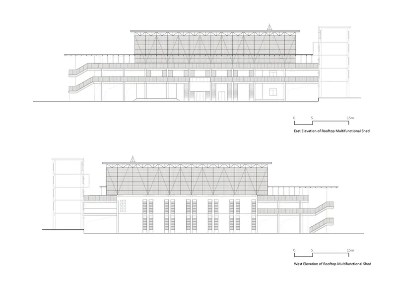 Elevation drawings showing east and west facades with truss roof and stepped lower volumes
