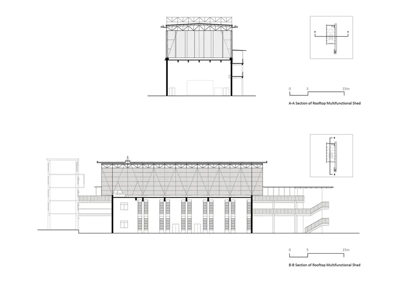 Section drawings showing the truss roof structure and ventilation details above a classroom volume