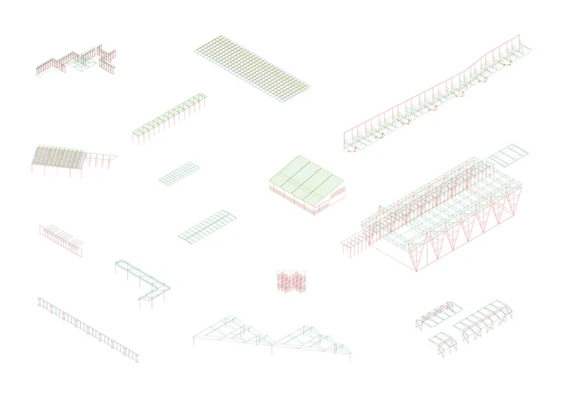 Exploded axonometric drawing showing structural elements color-coded in red, green and blue