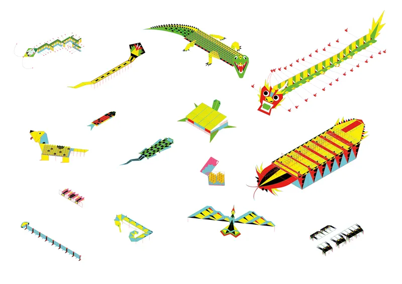 Axonometric diagram showing colorful kite-like canopy forms floating on a white background
