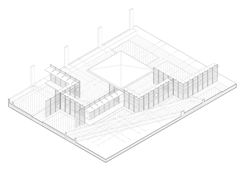 Isometric drawing of a courtyard layout with classroom wings and perforated paving patterns