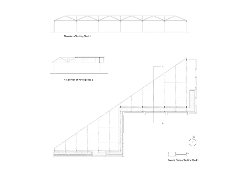 Elevation, section and ground floor plan drawings showing a parking shed with exposed truss structure