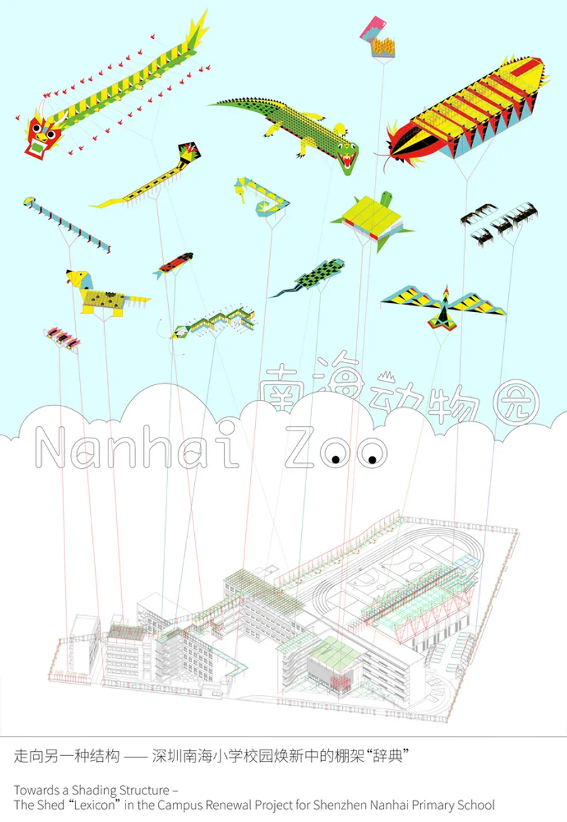Conceptual illustration linking kite canopy studies to an isometric site plan below in light blue