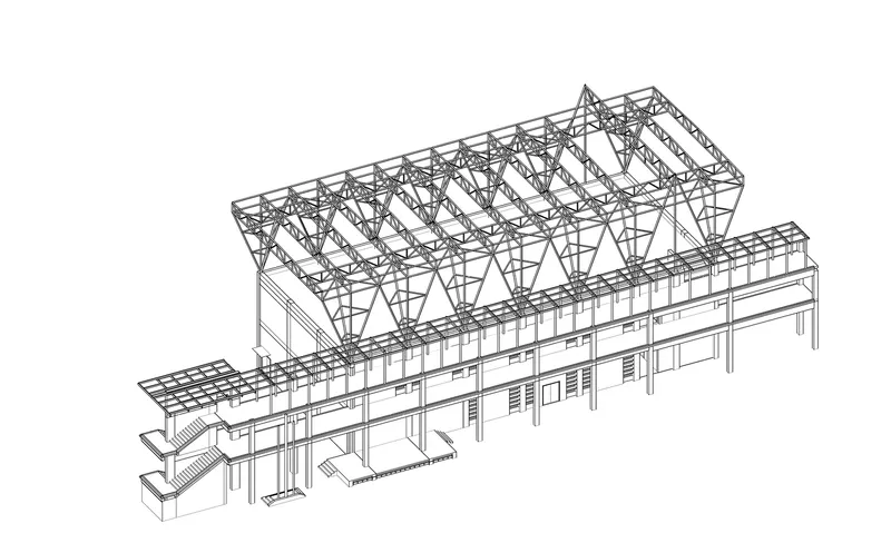 Axonometric line drawing of a building with an exposed triangulated truss roof structure