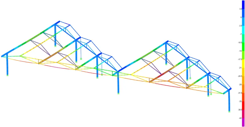 Axonometric structural diagram with color-coded members showing the sloped truss framework for a shed