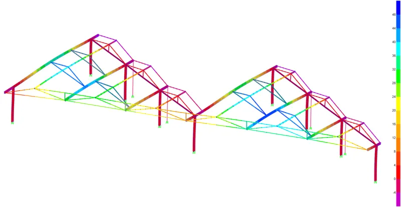Axonometric structural diagram with color-coded members highlighting the primary columns and truss bracing system