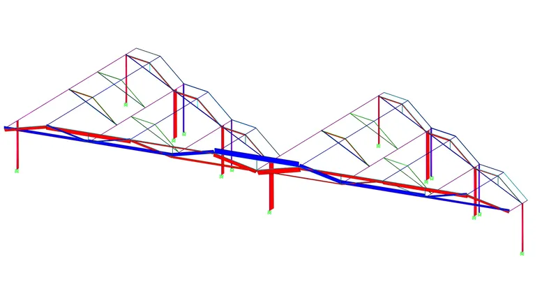 Axonometric structural diagram with red and blue elements indicating primary structural members in the truss