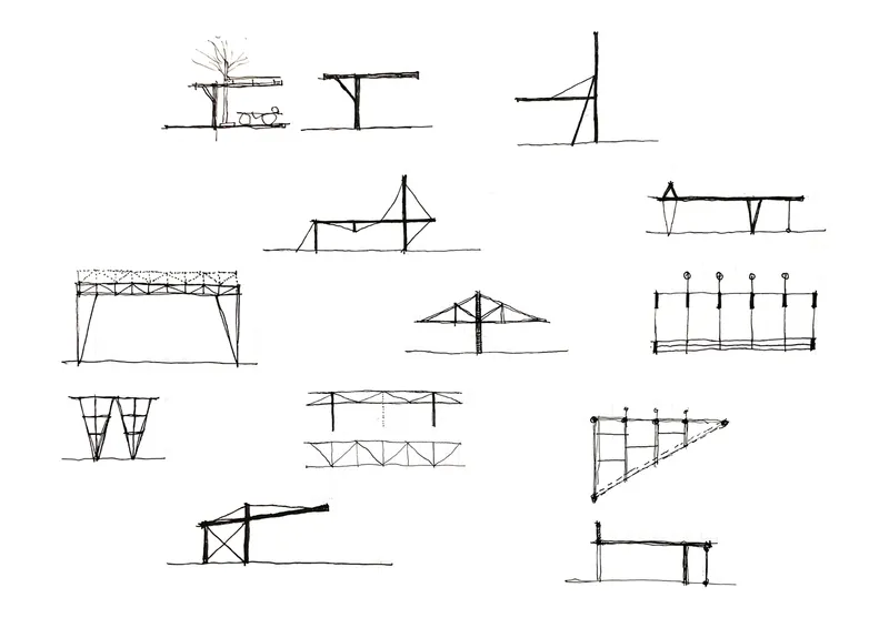 Section drawing sketches showing various cantilever and structural truss configurations with support systems