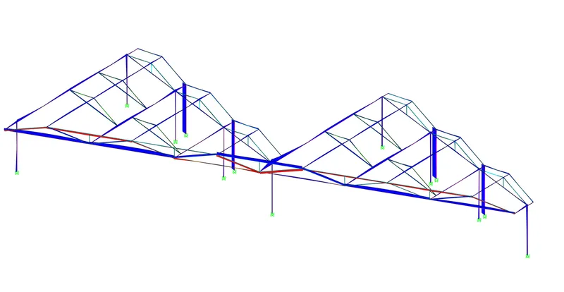 Axonometric structural diagram showing the primary load-bearing beams and columns highlighted in blue and green