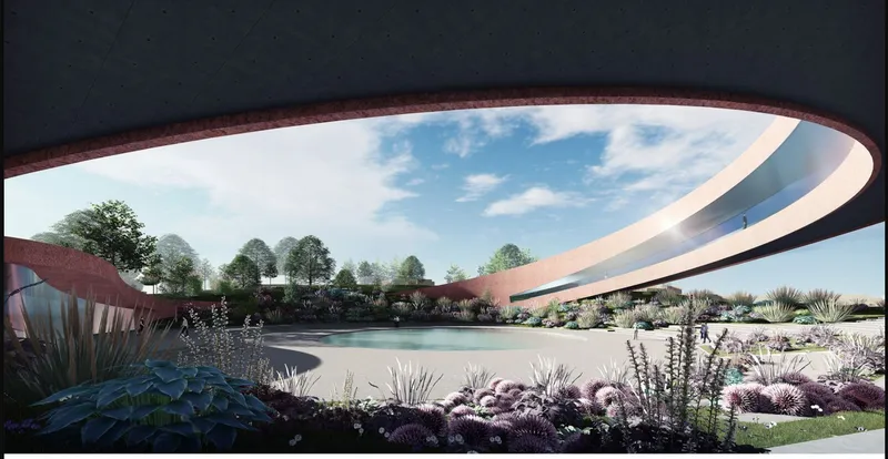 A serene architectural design that seamlessly integrates nature and innovation, embodying sustainable and cultural harmony.
