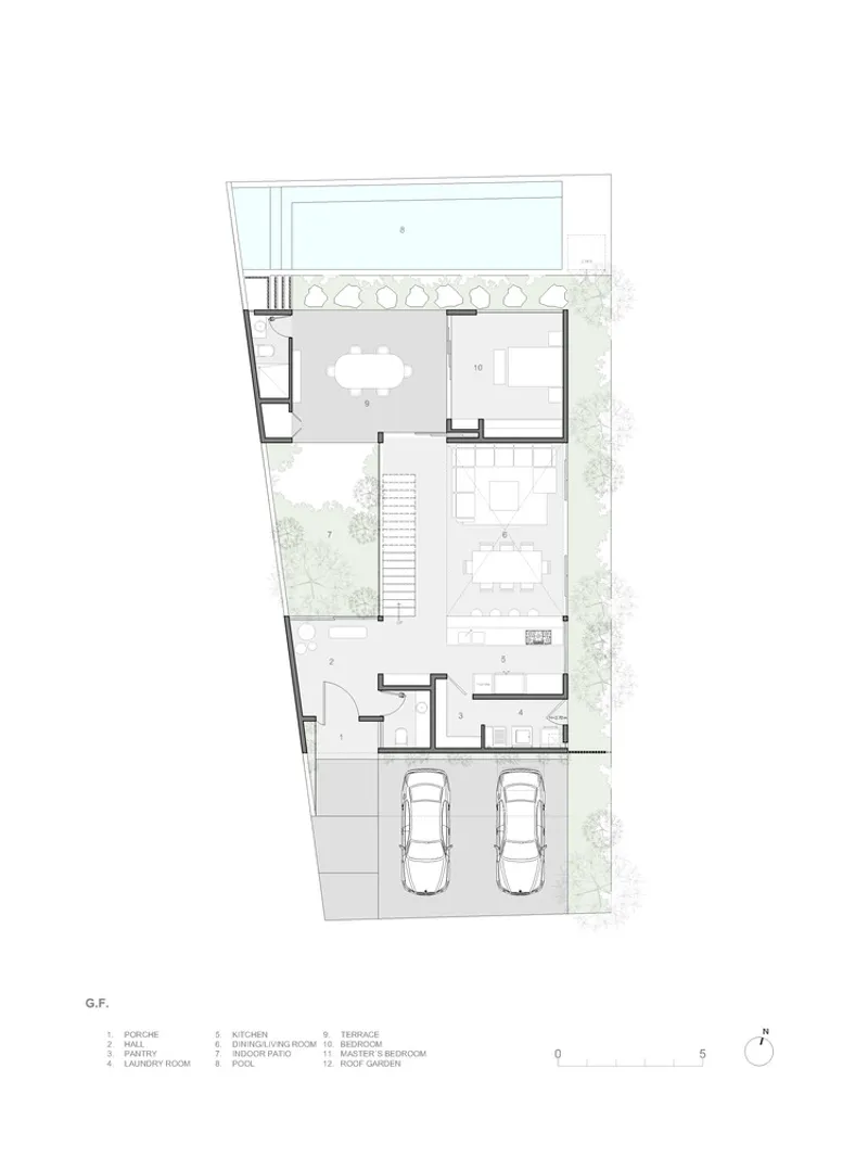 Ground floor plan showing pool, dining terrace, living areas, two-car garage, and planted side gardens