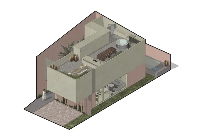 Axonometric cutaway drawing revealing two-story interior volumes with courtyards, pool, and roof terraces