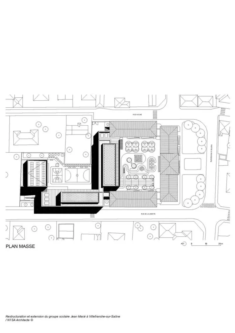 Site plan: gymnasium, playground, new classroom buildings around courtyard, existing school building, surrounding streets and trees