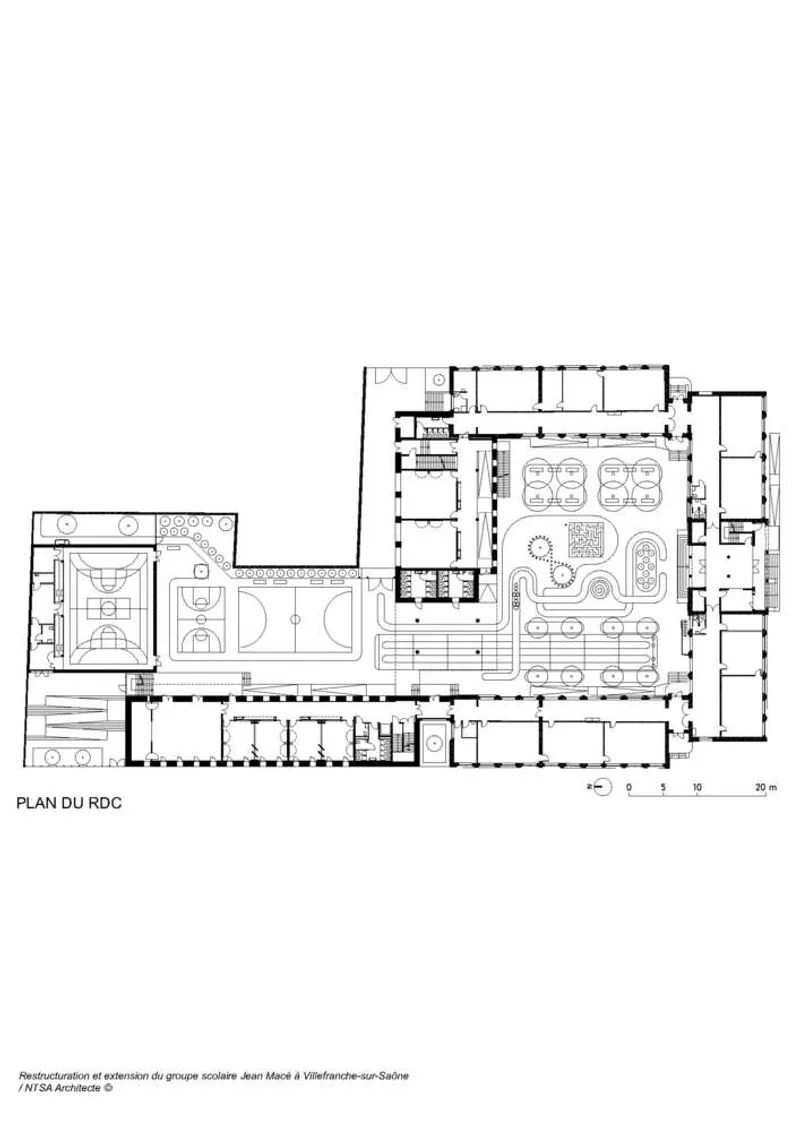 Ground floor plan: gymnasium, classrooms, playground, canteen, covered courtyard, existing building retained