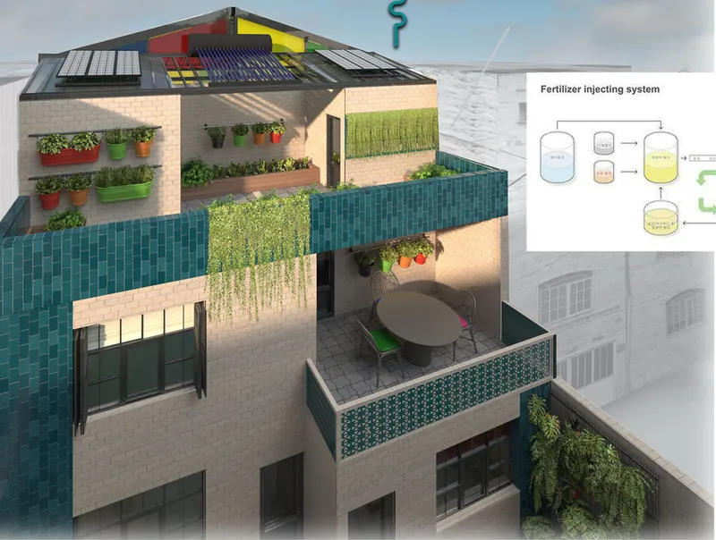 Cutaway view of stacked terraces with rooftop greenhouse, solar panels, and balcony with round table and chairs