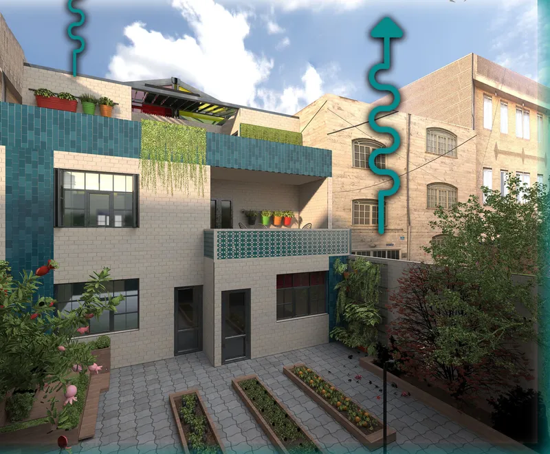 Courtyard view with paved floor, raised planting beds, and rooftop terraces with cascading greenery and tiled balustrades