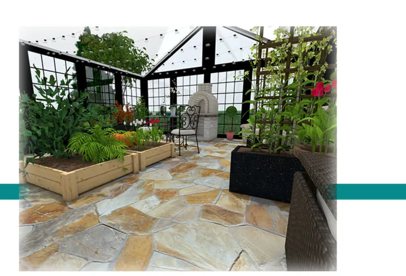 Rooftop terrace with steel-framed glass walls, raised timber planters and irregular stone paving under open sky