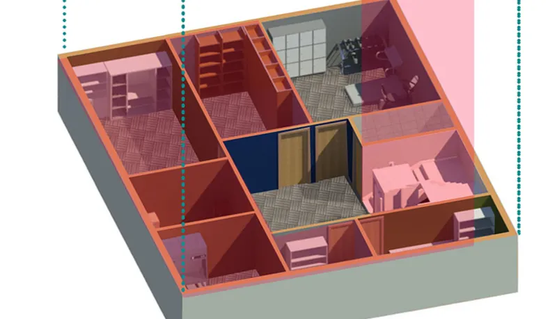 Axonometric section drawing showing interior room layout with central atrium and corner glazing under a pitched roof