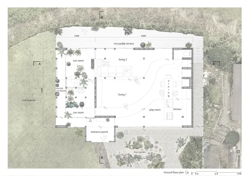 Ground floor plan drawing showing living spaces, sun rooms, and surrounding gardens with rice paddy terrace